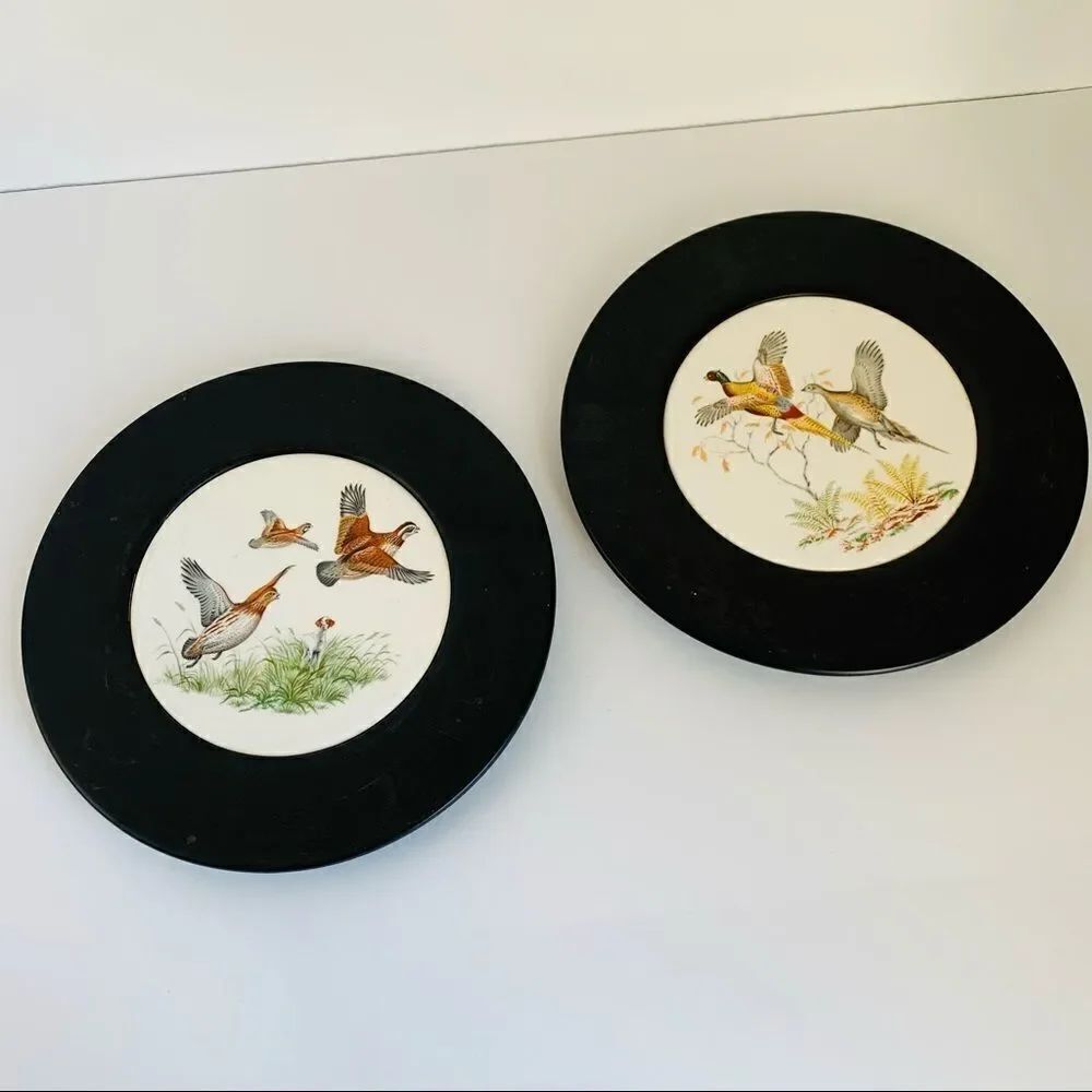 VTG Pheasants and Quails Ceramic and Wood Wall Art